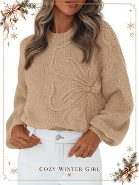 Oversized Floral Crewneck Pullover Sweater Lantern Sleeve